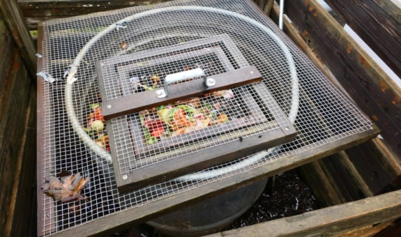 Stock tank compost bin covered with hardware cloth lid.