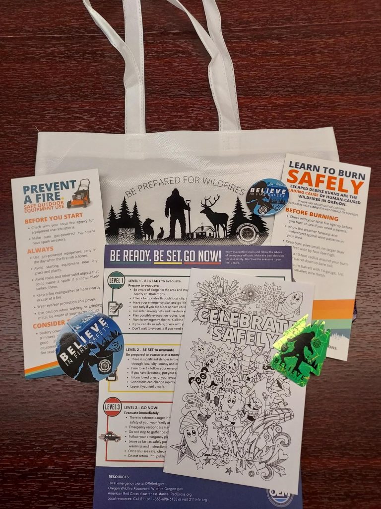 a reusable bag and various handouts, including a coloring page, and a couple stickers.