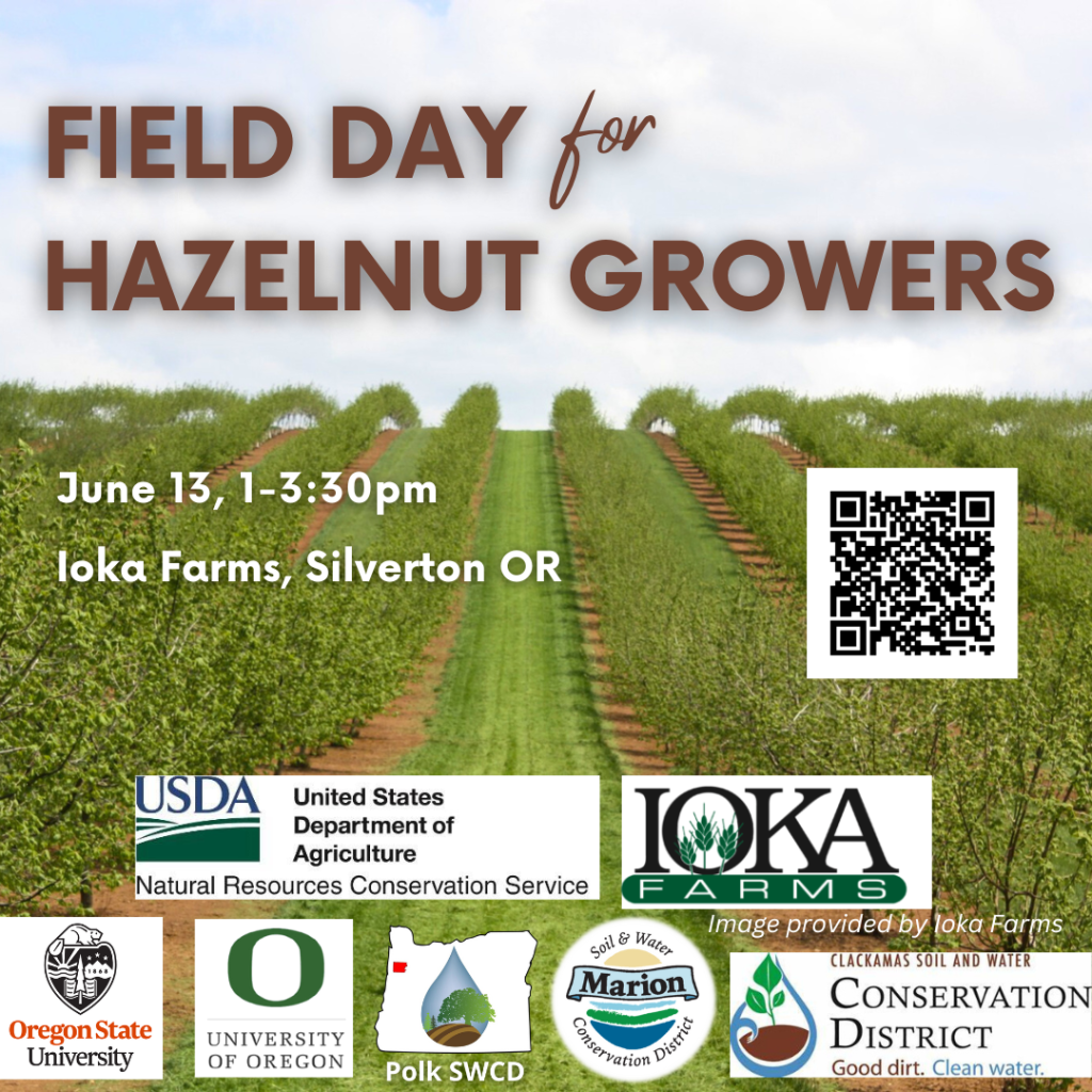 square graphic with image of hazelnut fields and all the logos of the event partners for the June 13 Hazelnut field day at Ioka Farms. 