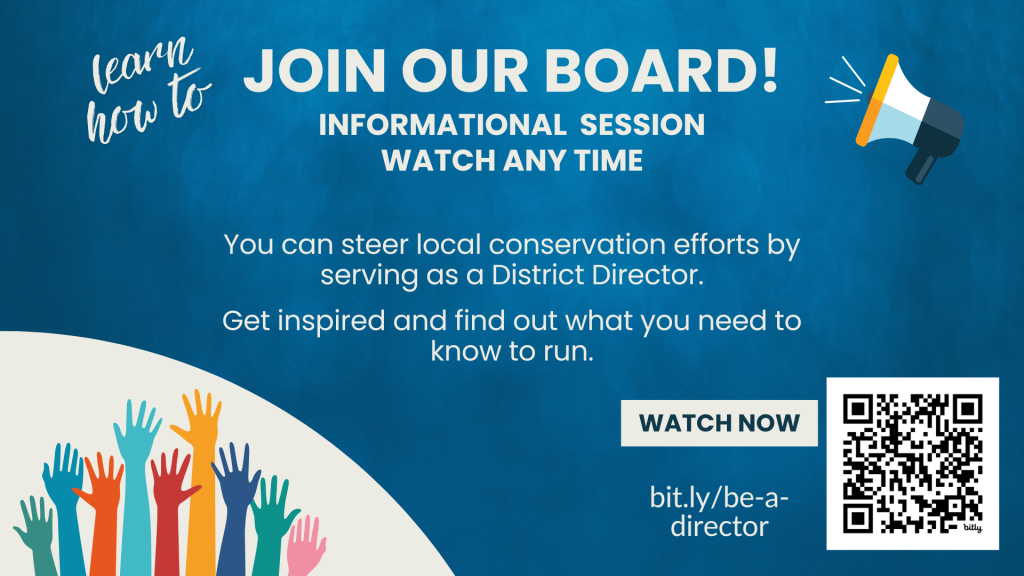 a blue rectangular graphic with colorful hands raise. Words: Join Our Board. Informational Session. Watch Any Time. You can steer local conservation efforts by serving as a board director. Get inspired and find out what you need to know to run. Watch now at bit.ly/be-a-director
