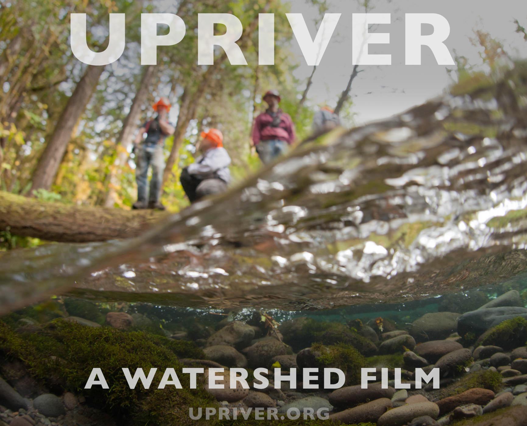 photo that is partially underwater showing the rocks and moss at the river bottom with some restoration workers with hard hats standing in background with trees behind them. Upriver.org