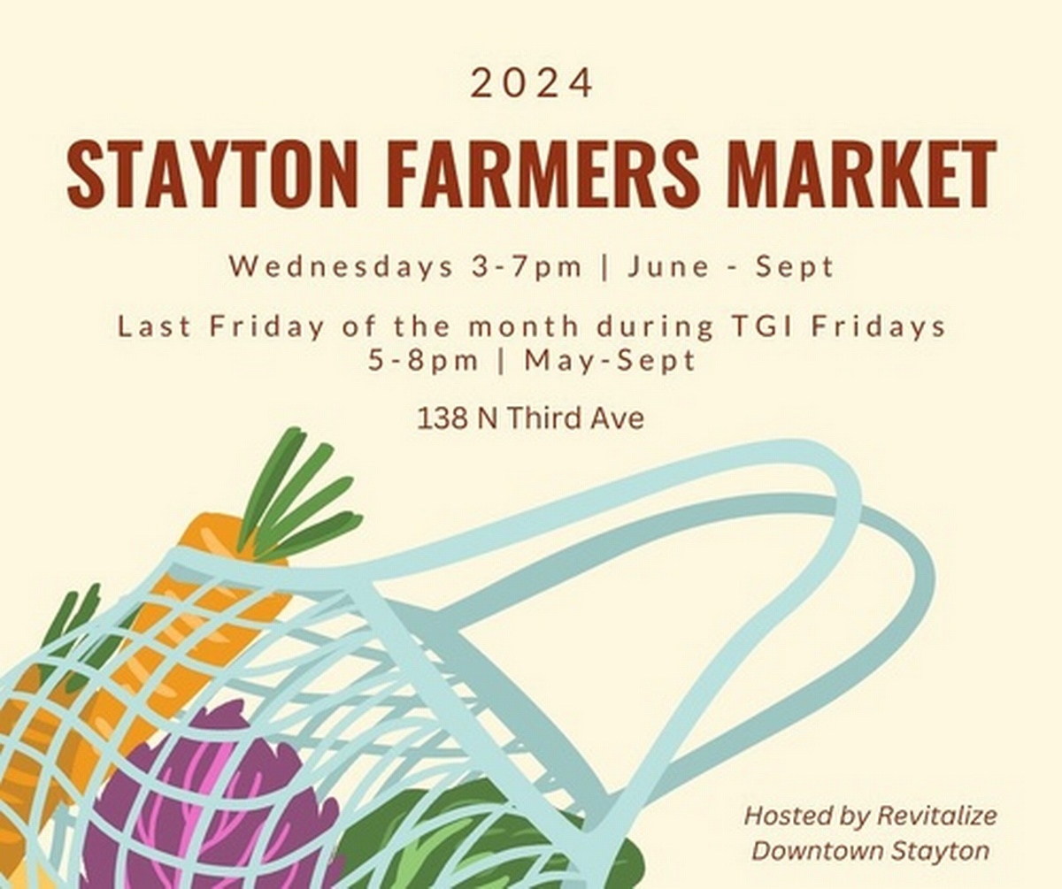 a net shopping bag with produce on a light yelloe background with the words: 2024 Stayton Farmers Market Wednesdays 3-7 pm June - Sept, Lst Friday of the month during TGI Fridays 5-8 pm May - Sept 138 N Third Ave., Stayton