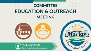 A graphic for the Education and Outreach Committee meeting with an icon of a teacher lecturing to students and a person reading a book and the Marion SWCD logo.