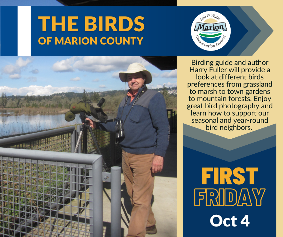 Harry Fuller with a spotting scope looking out over a pond. Graphic for Cotber 4 First Friday on The Birds of Marion County.