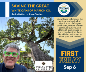 A graphic for the September 6 First Friday showing a picture of David Craig with green rimmed glasses and an old heritage oak