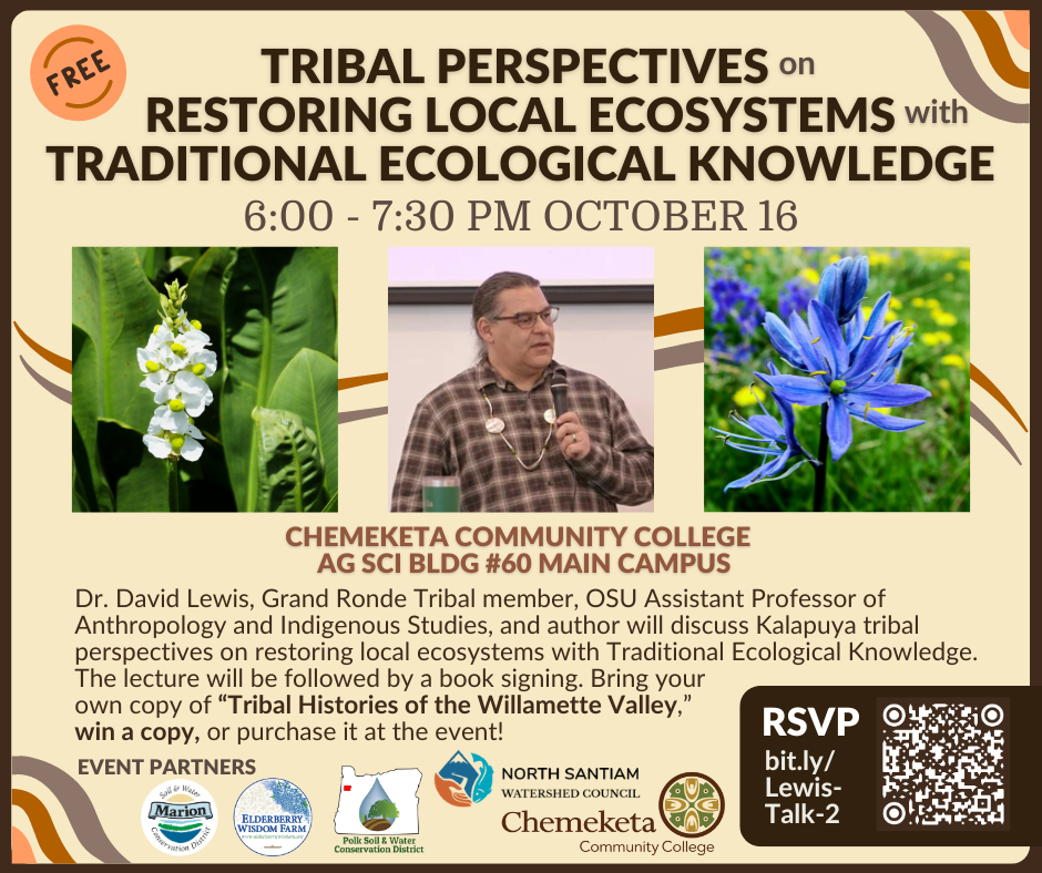 This graphic has three photos: a wapato flower, David Lewis lecturing, and a camas flower. It promotes the Oct 16 lecture and provides a description and link to the event page: bit.ly/Lewis-Talk-2