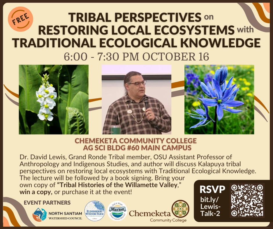 This graphic has three photos: a wapato flower, David Lewis lecturing, and a camas flower. It promotes the Oct 16 lecture and provides a description and link to the event page: bit.ly/Lewis-Talk-2