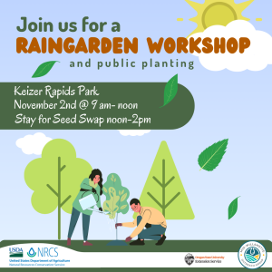 a graphic for the rain garden workshop with two people planting a tree 