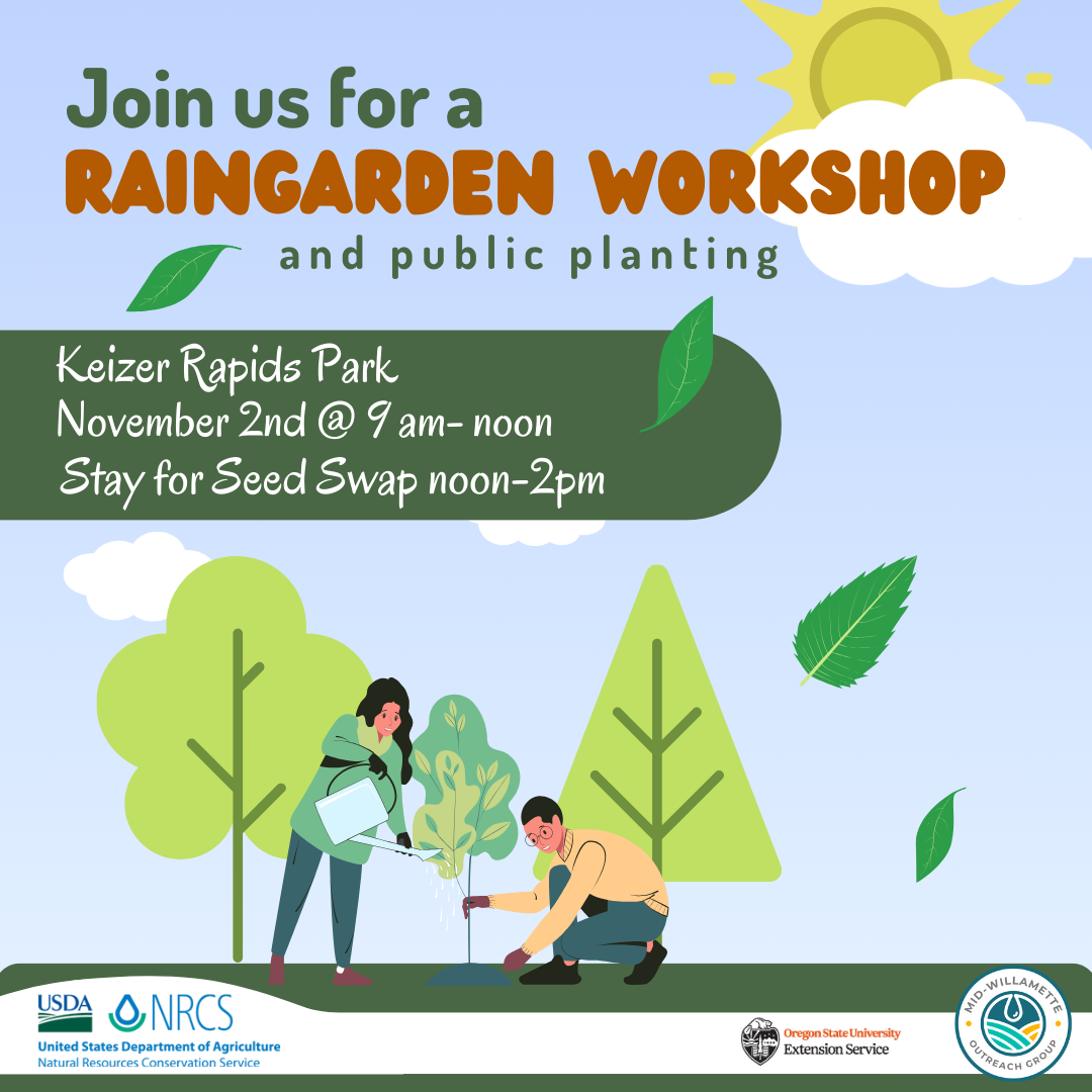 a graphic for the rain garden workshop with two people planting a tree